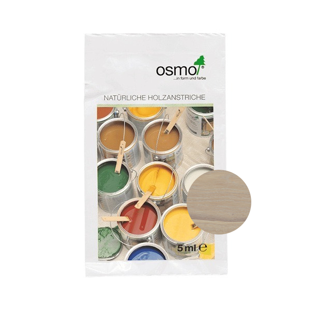Osmo 2K Wood Oil 5 ml sample — 6118 Light Grey with centered official wood color swatch
