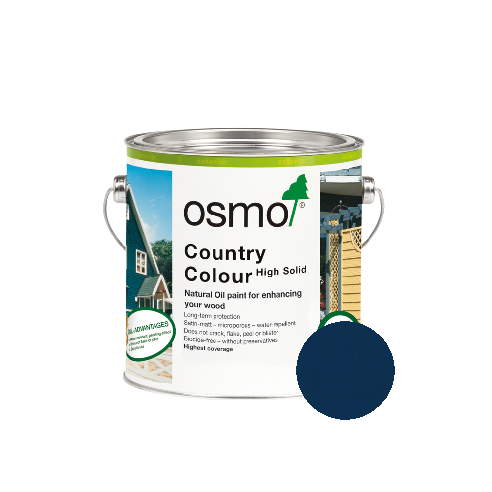 Osmo Country Color can — 2506 Royal Blue with official wood color swatch