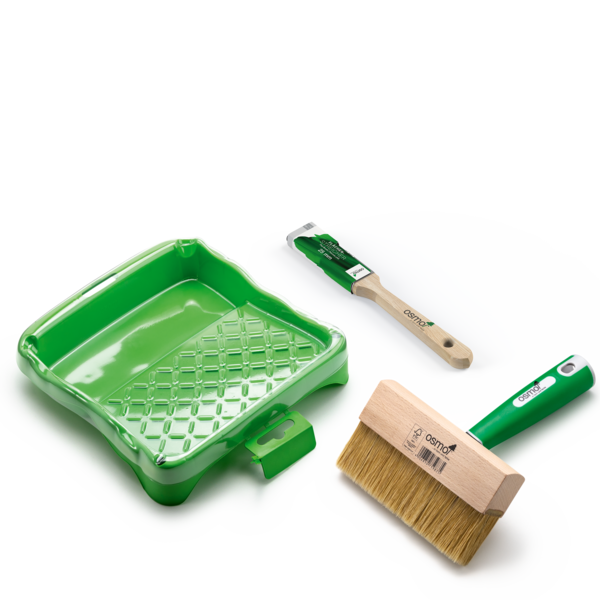 Osmo Decking Brush Set 14000233 with tray, decking brush, and flat brush