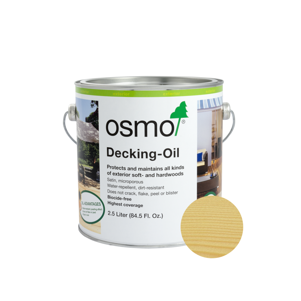 Osmo Decking Oil 1277 Teak Clear can with centered wood color swatch