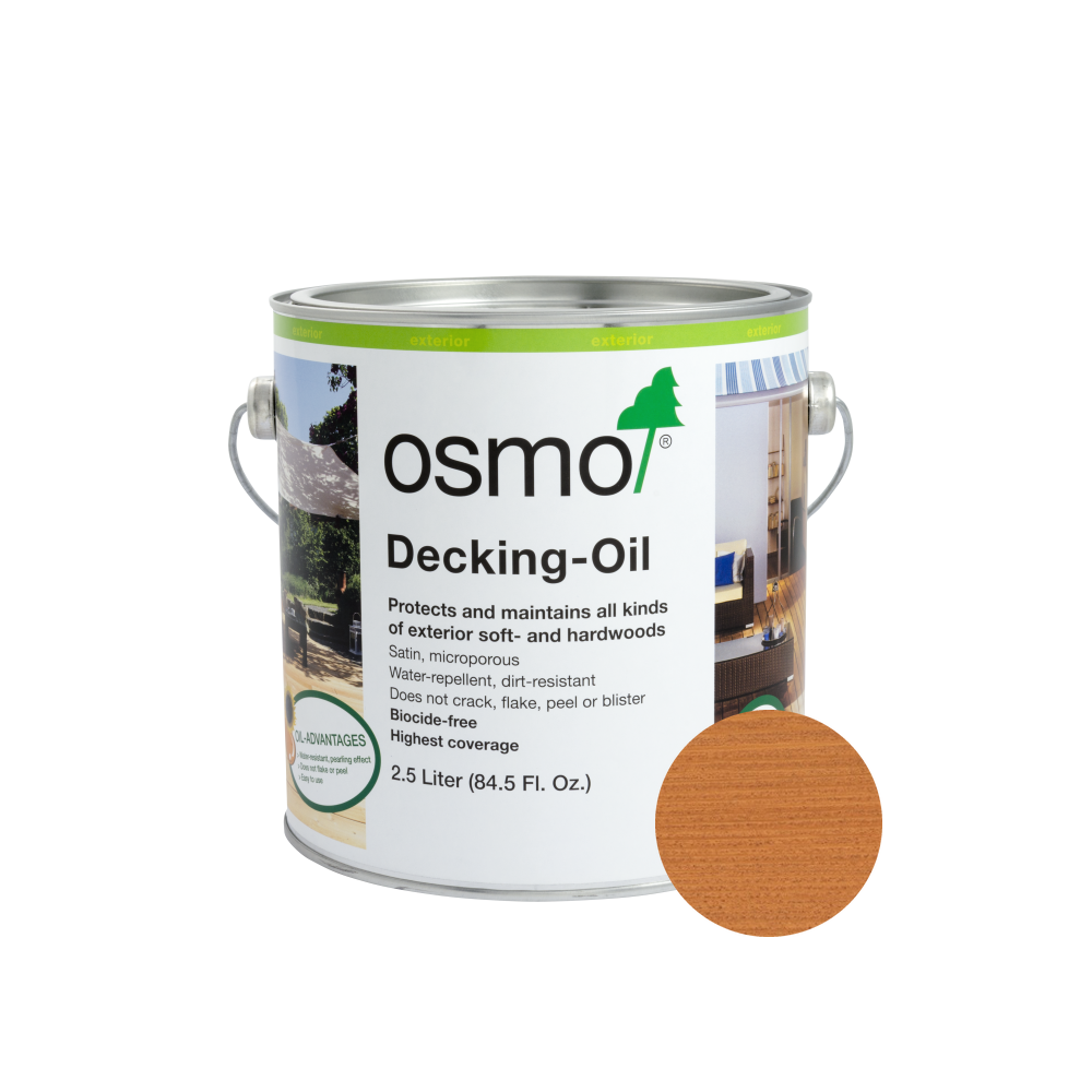 Osmo Decking Oil 1280 Larch can with centered wood color swatch