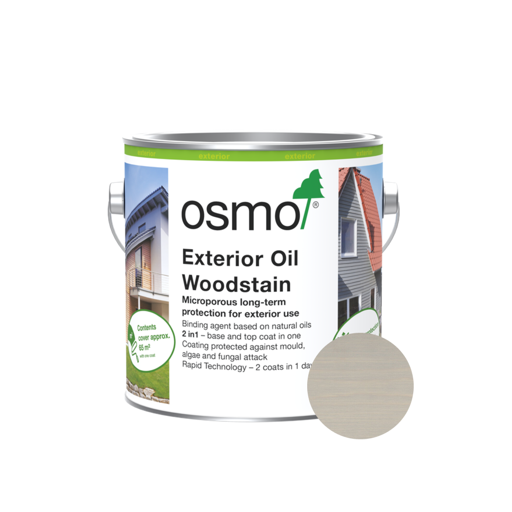 Osmo Natural Oil Woodstain 906 Pearl Grey 2.5 L can with centered wood color swatch