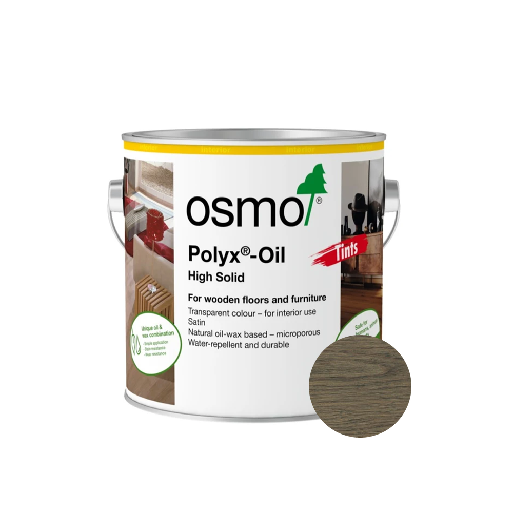 Osmo Polyx-Oil Tints can — 3074 Graphite with official wood color swatch