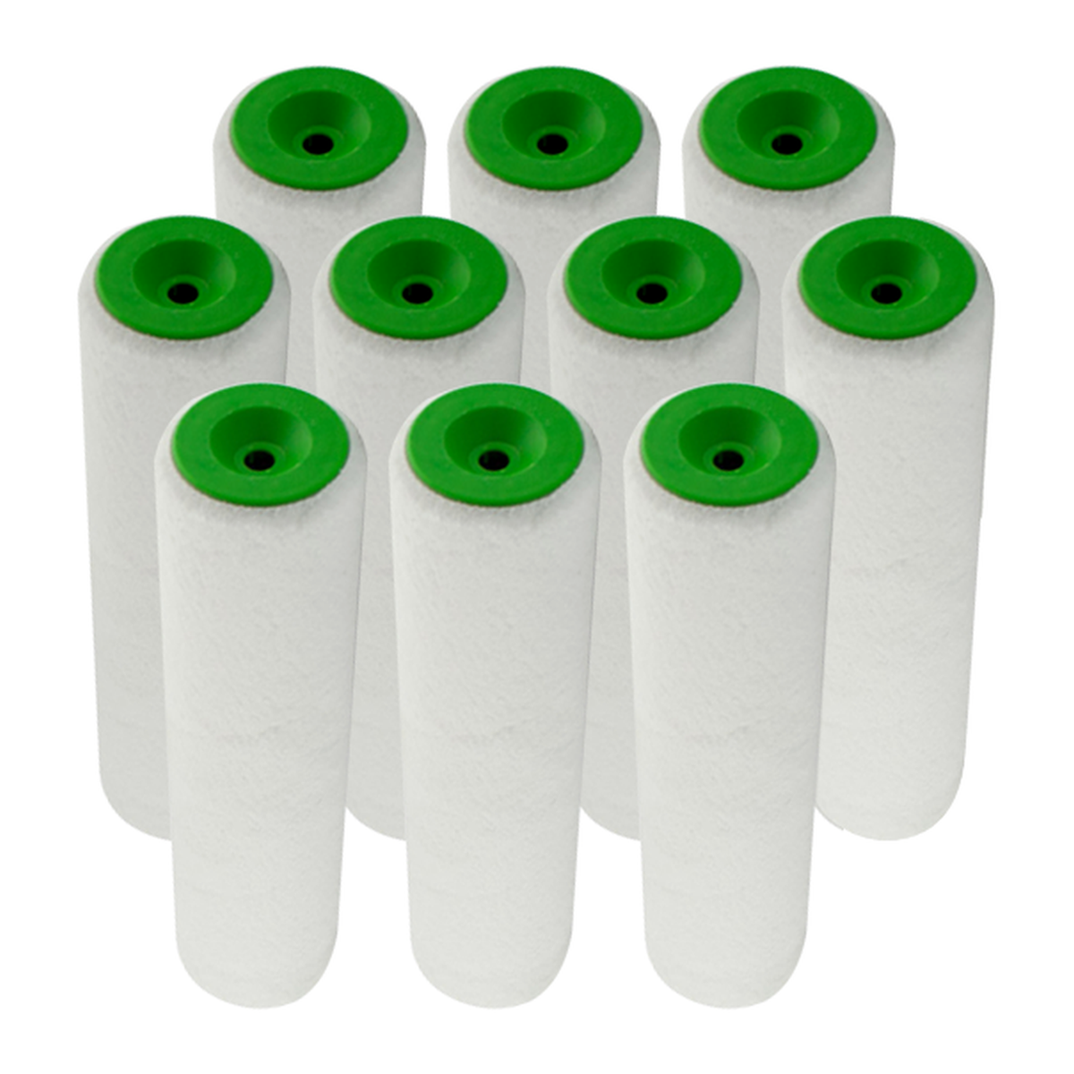 Ten Osmo 100 mm microfiber replacement roller sleeves with green cores on a white background