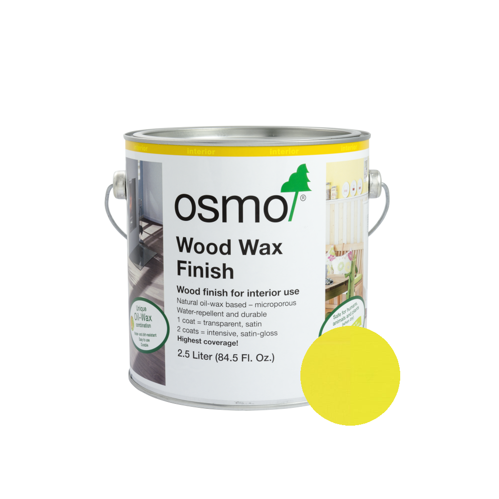 Osmo Wood Wax Finish Intensive can — 3105 Colza Yellow with official wood color swatch