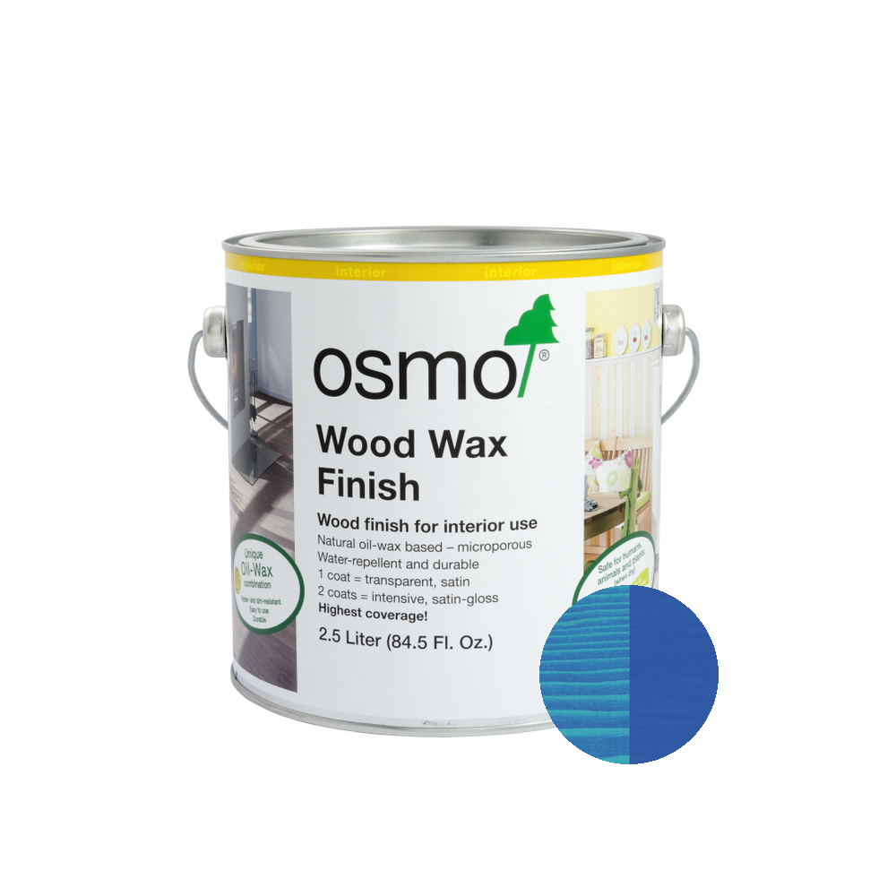 Osmo Wood Wax Finish Intensive can — 3125 Gentian Blue with official wood color swatch