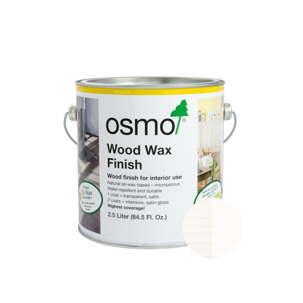 Osmo Wood Wax Finish Intensive can — 3186 White Matte with official wood color swatch