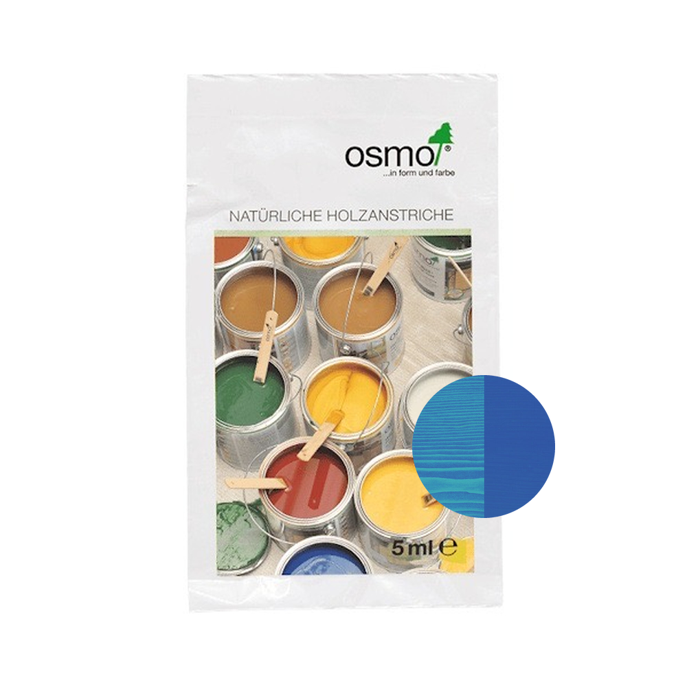 Osmo Wood Wax Finish Intensive 5 ml sample — 3125 Gentian Blue with centered official wood color swatch
