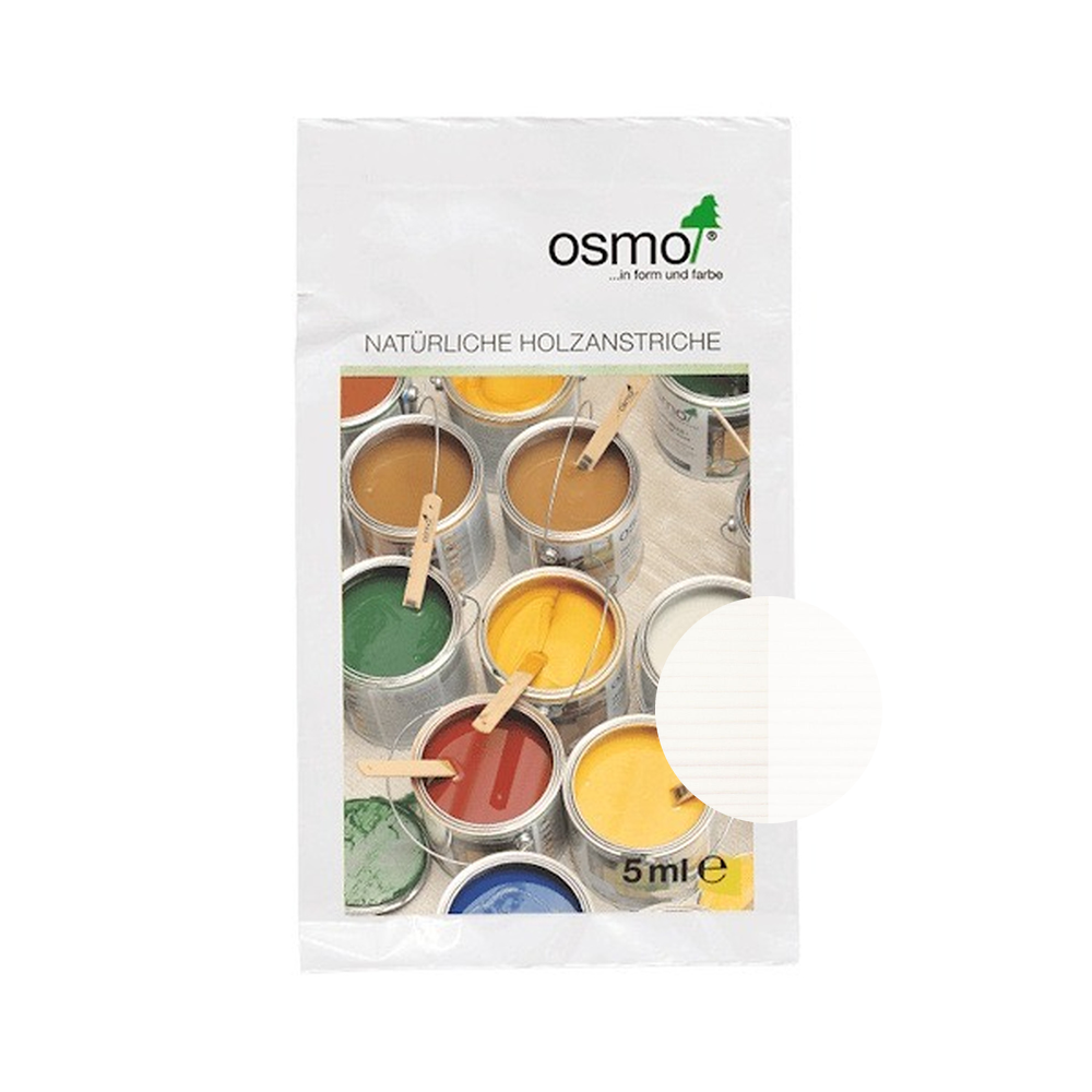 Osmo Wood Wax Finish Intensive 5 ml sample — 3186 White Matte with centered official wood color swatch