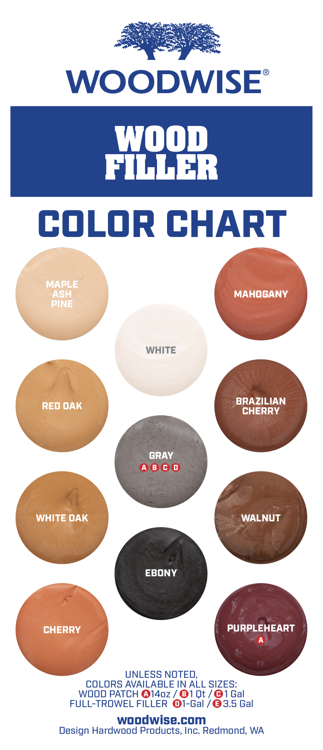 Woodwise Wood Filler color chart